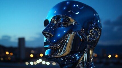 Metallic Head Sculpture at Dusk: A Futuristic Vision