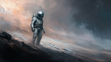 Obraz premium An astronaut in a sleek, white space suit walks carefully on a rugged, rocky surface, with distant stars twinkling in the blackness of space, showcasing the vastness of the universe.