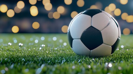 Fototapeta premium The football is positioned on the lush green field, waiting for the game to begin The soft, inviting grass is freshly cut, beckoning for skilled players to step onto its surface A spotlight casts a