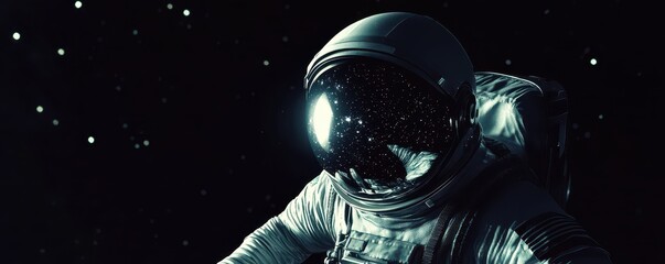 An astronaut in a sleek, white space suit floats gracefully in the vastness of space, surrounded by a mesmerizing backdrop of twinkling stars and distant galaxies, creating a sense of wonder.