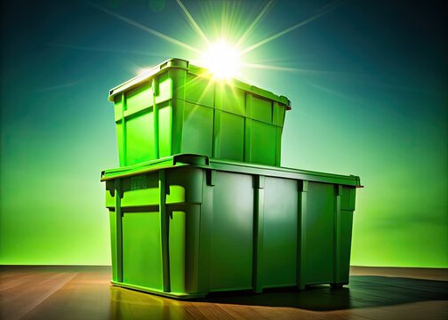 Dark silhouettes of stacked boxes and a green container, stark against a dramatic, minimalist light.