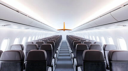 Fototapeta premium Bright White And Blue Modern Airplane Cabin Interior With Empty Grey Seats And Aisle Perspective View 3D Render