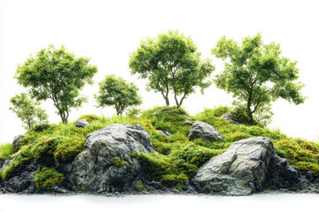 Group of trees on a rock, bathed in golden sunset light, casting long shadows on the ground. Serene and majestic nature scene.