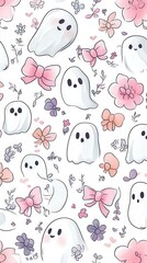 pink bows and surrounded by pastel flowers, rendered in soft colors for a sweet T-shirt print against a white background
