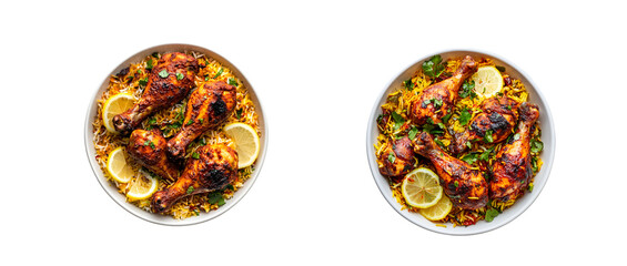 Chicken biryani with roasted drumsticks on a plate isolated on a transparent background