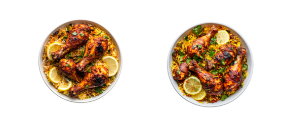 Chicken biryani with roasted drumsticks on a plate isolated on a transparent background