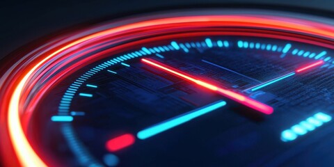 Startup innovation scaling concept. Abstract speedometer with vibrant neon lights and digital display.