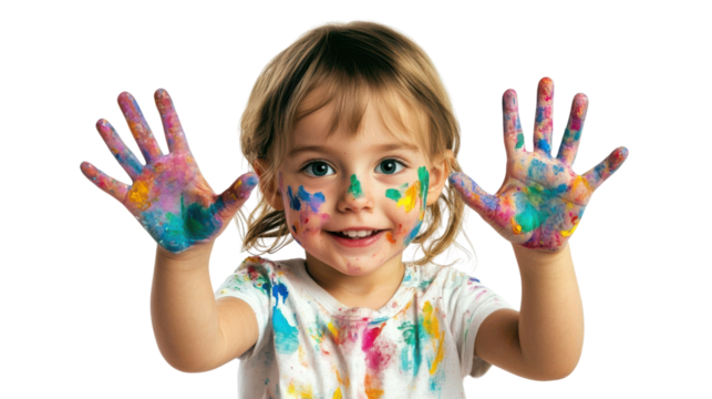 happy toddler girl with colorful paint on hands and face on transparent background
