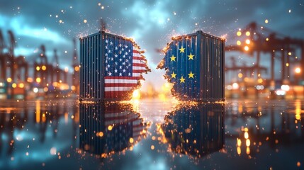 Impact of international trade tensions represented through animated containers in 4K quality