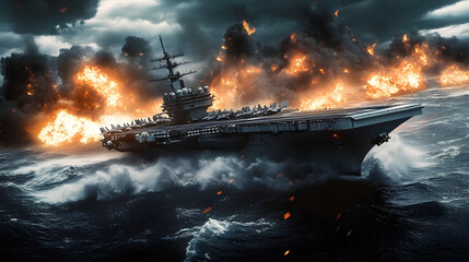 A futuristic flying aircraft carrier faces a fierce attack as explosions erupt around it. Dark skies and turbulent waters frame the intense conflict during a critical moment