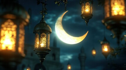 Obraz premium Illuminated lanterns hang near a glowing crescent moon in the night