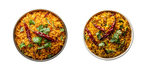 Spicy fried rice with dried red chilies in a bowl isolated on a transparent background
