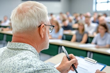 This image depicts a corporate trainer delivering a session The scene unfolds in a well-lit training room, where attentive individuals gather to absorb knowledge The trainer, positioned at the