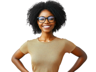 smiling woman with afro hair and glasses on white background