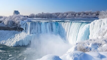 Majestic Frozen Waterfall with Iced Surroundings and Clear Sky