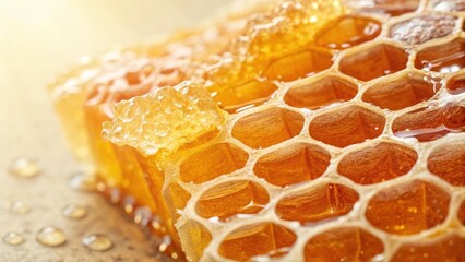 A super macro shot of golden honeycomb crystals, glistening under bright light.