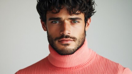 Obraz premium Mysterious Man in Coral Turtleneck with Green Eyes