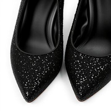 Nahaufnahme eleganter schwarzer High Heels mit funkelnden Details, die Luxus und Stil ausstrahlen.