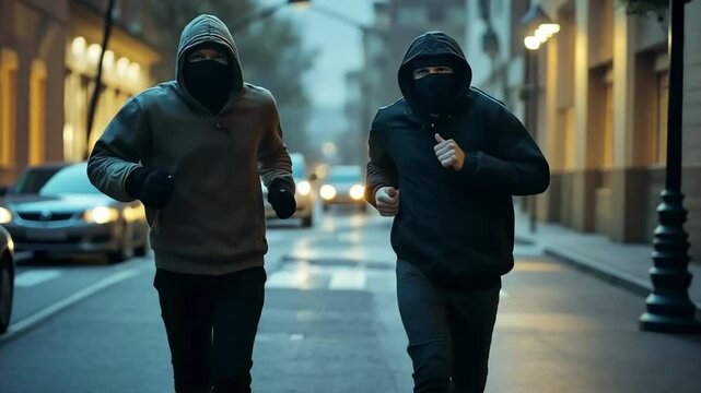 Unidentified criminals fleeing a crime scene, armed robbery