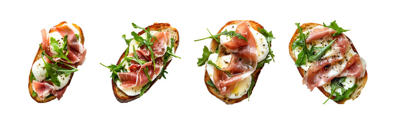 Prosciutto and mozzarella bruschetta with arugula isolated on a transparent background