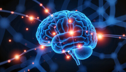 Fototapeta premium Illuminated brain neurons connecting, vibrant neural activity