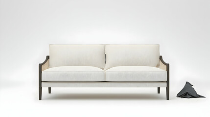 A Modern Minimalist Cream White Sofa With Wooden Frame on a White Studio Background for Interior Design Projects