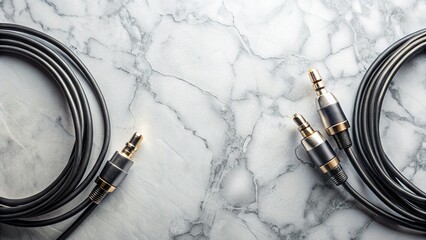Clean Audio Cables Flat Lay on Marble - Symmetrical Stock Photo