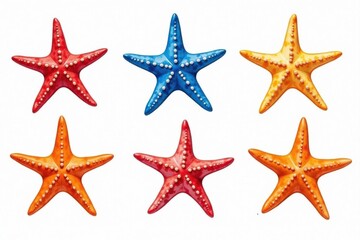 Five vibrant watercolor starfish, varying sizes and hues , graphics, isolated