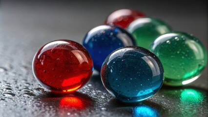A super macro shot of glossy glass beads, with a smooth, reflective surface that glistens under bright light.