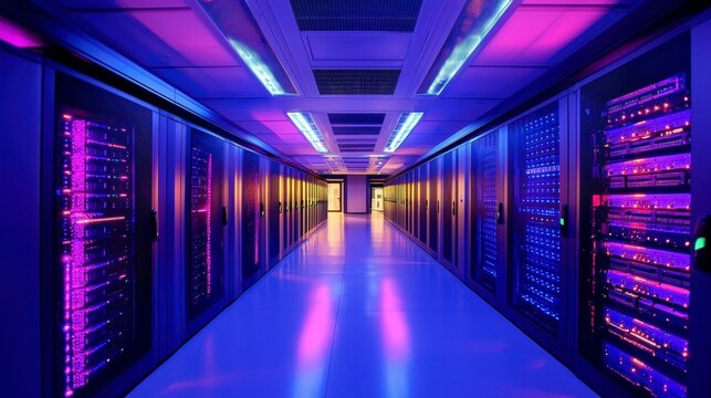 Within the illuminated heart of a modern data center, rows of servers stand as silent sentinels of information, their blinking lights painting a futuristic tableau Cables snake like veins, carrying