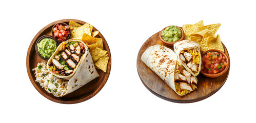 Chicken burrito with rice nachos and guacamole on a plate isolated on a transparent background