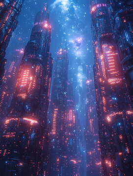Futuristic fractal biomechanical structures, bright blue and purple neon lights, cyberpunk aesthetic. Vertically developed image