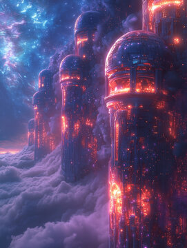 Futuristic fractal biomechanical structures, bright blue and purple neon lights, cyberpunk aesthetic. Vertically developed image