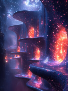 Futuristic fractal biomechanical structures, bright blue and purple neon lights, cyberpunk aesthetic. Vertically developed image