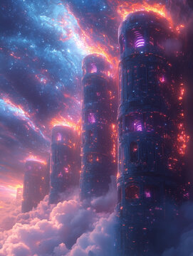 Futuristic fractal biomechanical structures, bright blue and purple neon lights, cyberpunk aesthetic. Vertically developed image