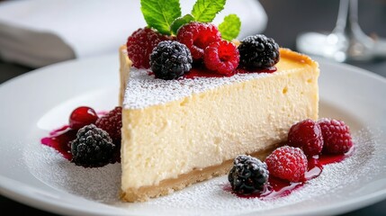 Close-up of a creamy cheesecake slice with glossy berry toppings and powdered sugar