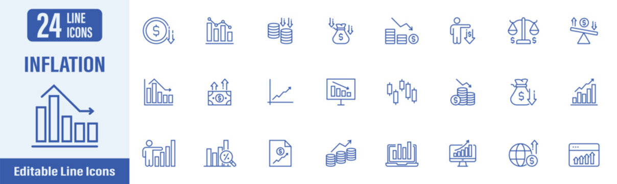 Inflation Line Editable Icons set. Contains icons as inflation, crisis, investment, economic, increase, hyperinflation, global economy and more. Vector illustration.