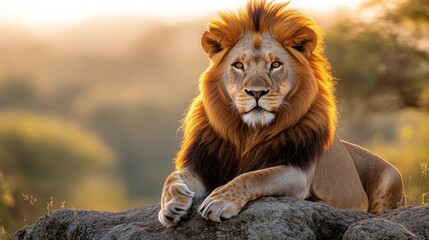 Obraz premium Lion rests on rock. King animal looks forward. Wild cat lounges. Majestic male rests. African wildlife at sunset. Powerful creature on alert.