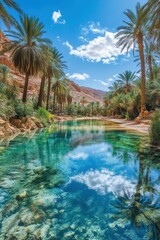 Obraz premium Palm Trees line Calm Turquoise Water. Rocks show under Clear Surface. Sky and Clouds Reflect in Tropical Oasis. Desert hills surround Jungle.