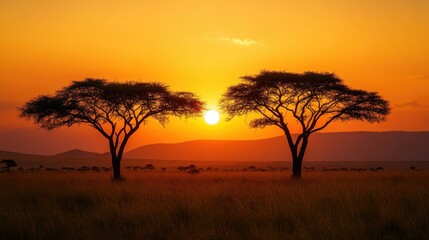 Obraz premium African Trees at Sunset. Orange sky over the field. Silhouette of the two trees. Dark grass. Beautiful sun light. Plain savanna background.
