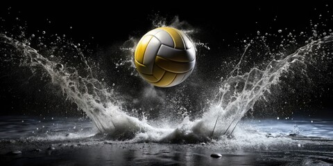 Black & White Minimalist Volleyball Silhouette, Water Splash, Spiderweb Detail - Luxury Landscape Photography