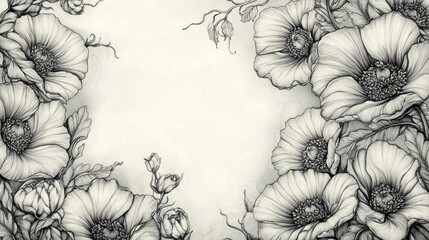 Detailed Black And White Floral Illustration Bordering A Blank Space
