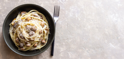 Bucatini pasta in creamy sauce with mushrooms and cheese. Vegetarian food. Italian cuisine.