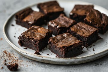 Decadent chocolate brownies on white plate. AI image