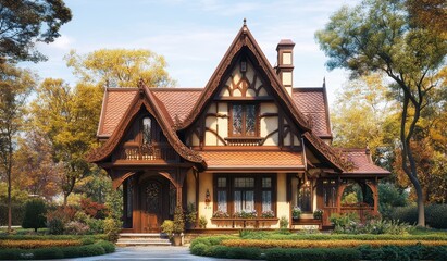 Fototapeta premium Charming Gothic Style House Surrounded by Colorful Autumn Trees