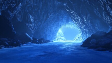 Stunning Blue Ice Cave with Frozen Walls and Soft Light Effect