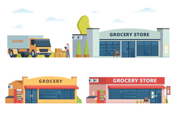 Grocery store building bundle vector illustration. Shop & market in flat style, Fully editable elements	

