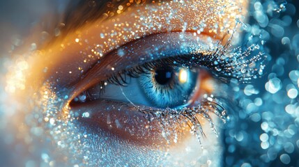Sparkling Blue Eye Close-up, Glittery Makeup, Bokeh Background