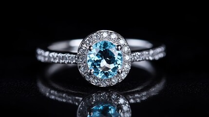White gold ring with diamonds aquamarine black background
