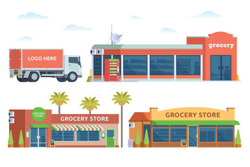 Grocery store building bundle vector illustration. Shop & market in flat style, Fully editable elements	
